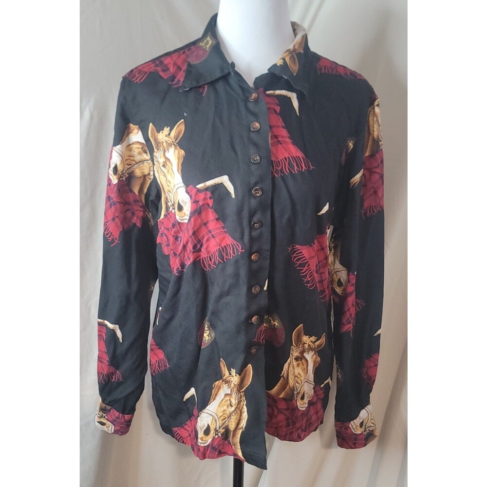 VTG British Khaki Size 8 Horse Equestrian Print Rayon Button Up Blouse Western